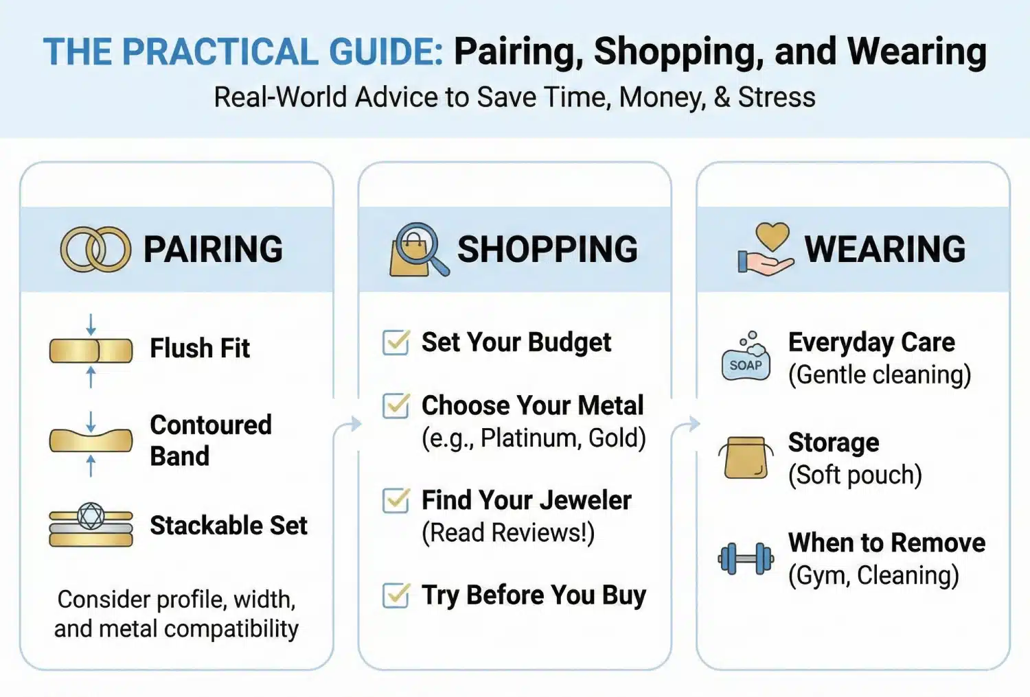 A close-up of a couple's hands showing real-world examples of modern, mismatched, and practical wedding ring choices, including a metal stack and a black silicone band.