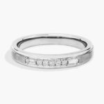 A 3.60 mm wide Platinum Mens Wedding Bands With Baguettes featuring an alternating pattern of Baguette and Princess Cut natural diamonds (1/5 CTW).
