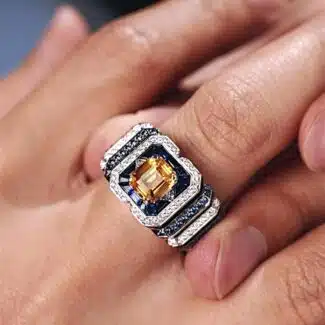 A 0.925 Sterling Silver Yellow Sapphire Ring for Men: a 1 Carat Rectangular Created Yellow Sapphire set in a Halo style, with an Eye Clean clarity grade.