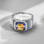 A 0.925 Sterling Silver Yellow Sapphire Ring for Men: a 1 Carat Rectangular Created Yellow Sapphire set in a Halo style, with an Eye Clean clarity grade.