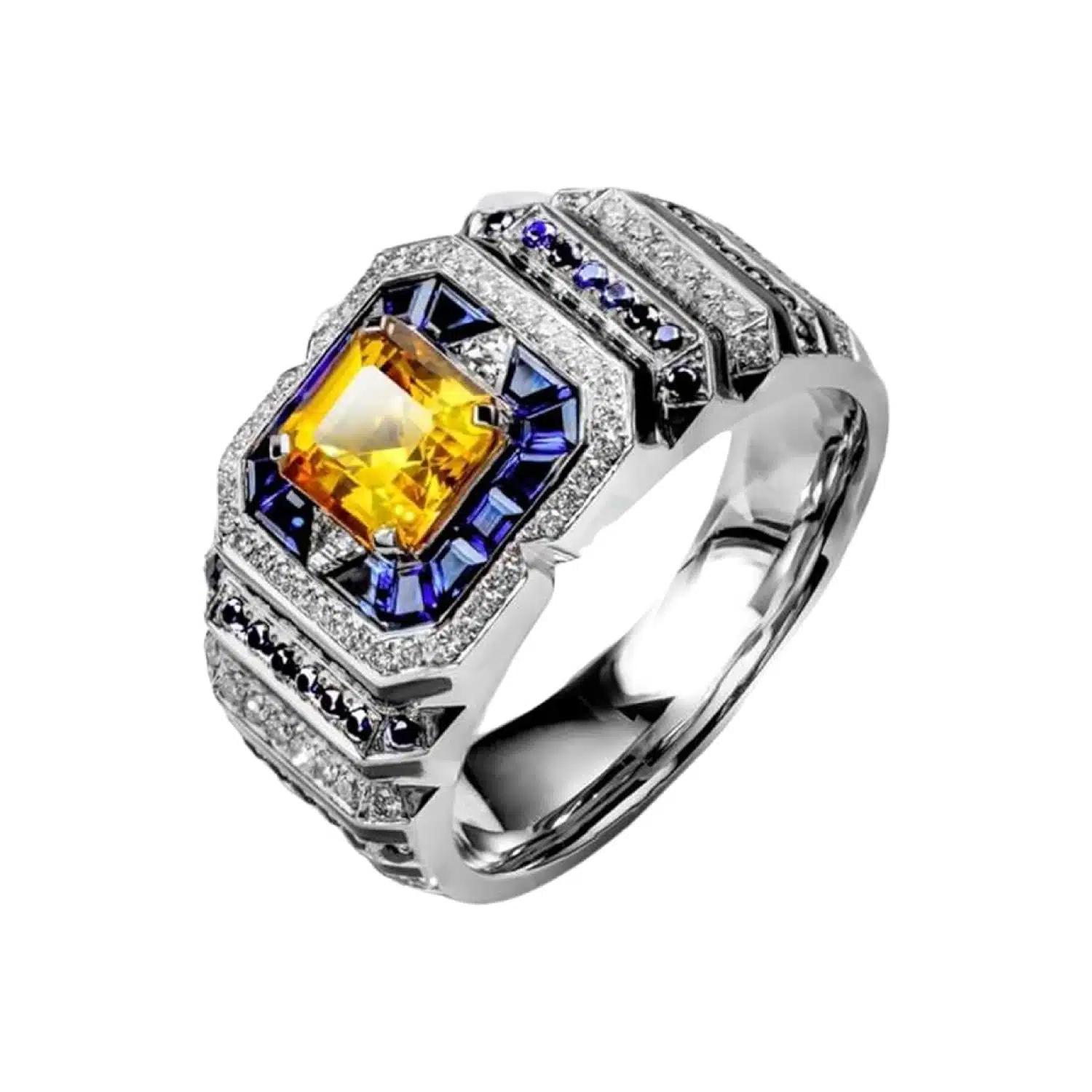 A 0.925 Sterling Silver Yellow Sapphire Ring for Men: a 1 Carat Rectangular Created Yellow Sapphire set in a Halo style, with an Eye Clean clarity grade.