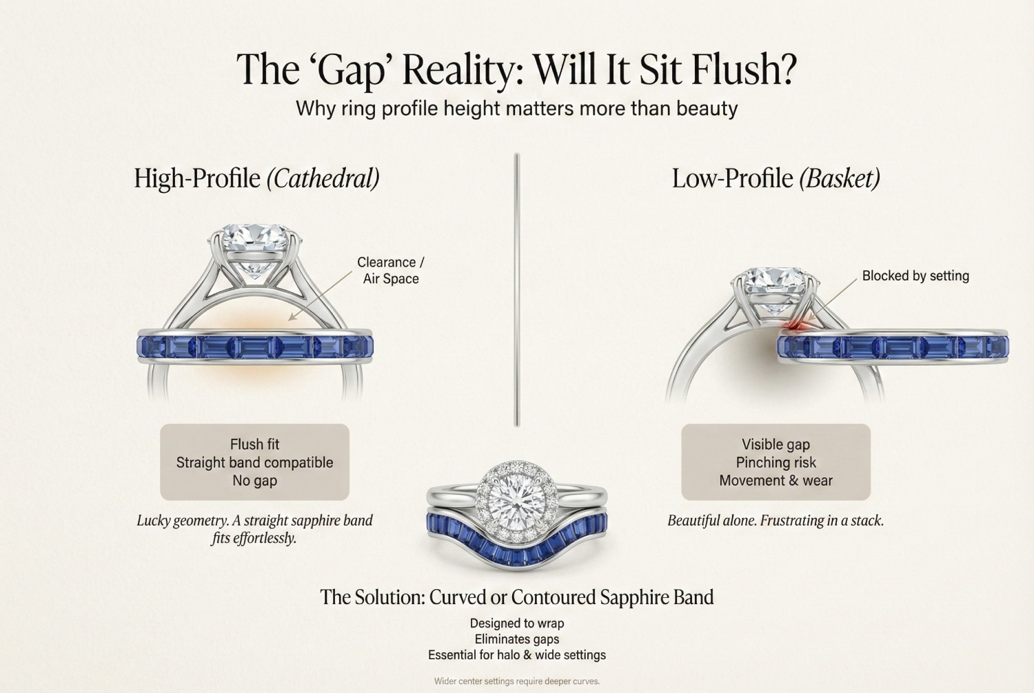 Infographic explaining ring profile height and the 'Gap Reality' when stacking. It compares a High-Profile (Cathedral) setting, which allows for 'Clearance / Air Space' resulting in a 'Flush fit' with a straight band and 'No gap,' versus a Low-Profile (Basket) setting, which is 'Blocked by setting,' creating a 'Visible gap,' 'Pinching risk,' and 'Movement & wear.' The solution shown at the bottom is a Curved or Contoured Sapphire Band, which is 'Designed to wrap,' 'Eliminates gaps,' and is 'Essential for halo & wide settings.'