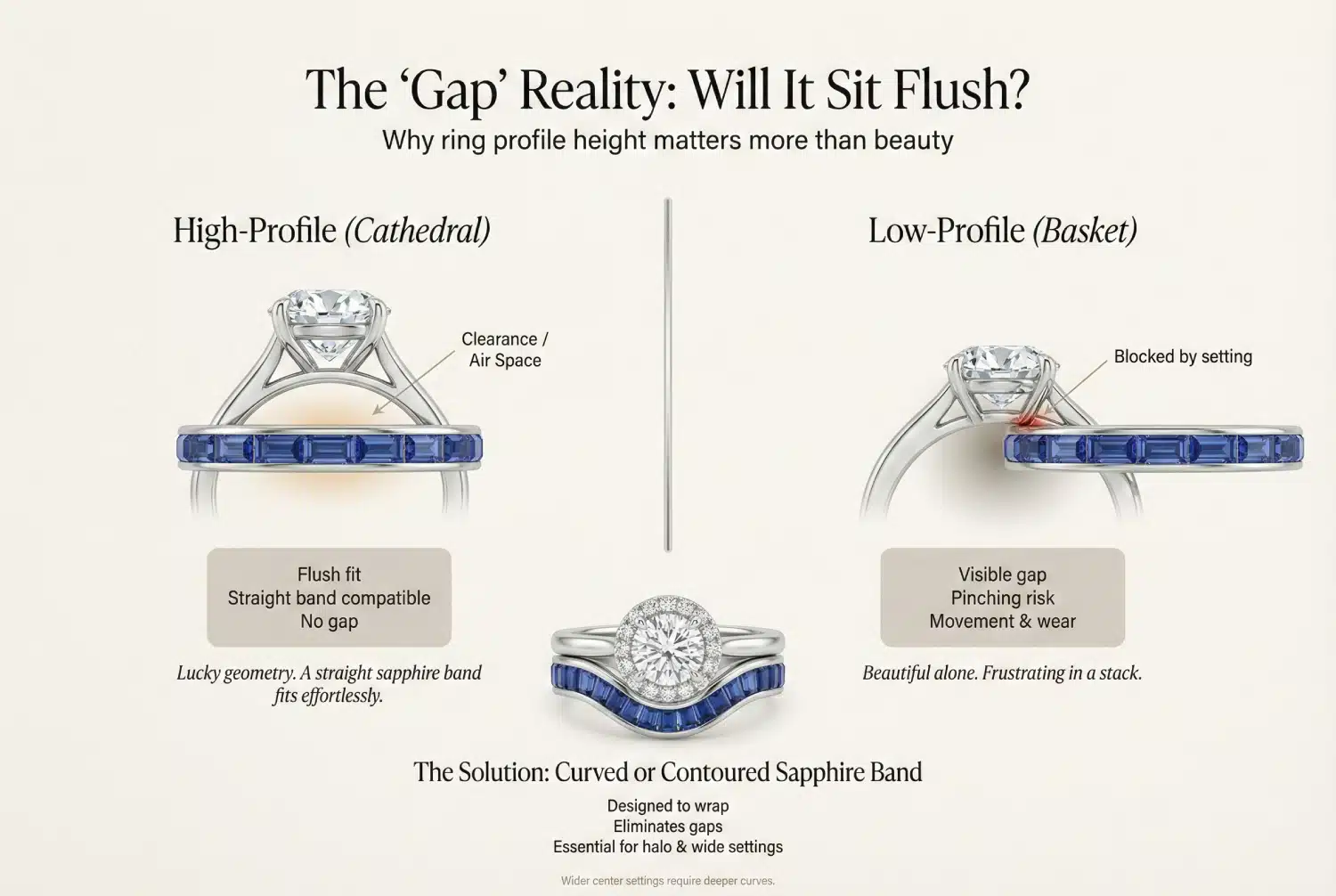 Infographic explaining ring profile height and the 'Gap Reality' when stacking. It compares a High-Profile (Cathedral) setting, which allows for 'Clearance / Air Space' resulting in a 'Flush fit' with a straight band and 'No gap,' versus a Low-Profile (Basket) setting, which is 'Blocked by setting,' creating a 'Visible gap,' 'Pinching risk,' and 'Movement & wear.' The solution shown at the bottom is a Curved or Contoured Sapphire Band, which is 'Designed to wrap,' 'Eliminates gaps,' and is 'Essential for halo & wide settings.'