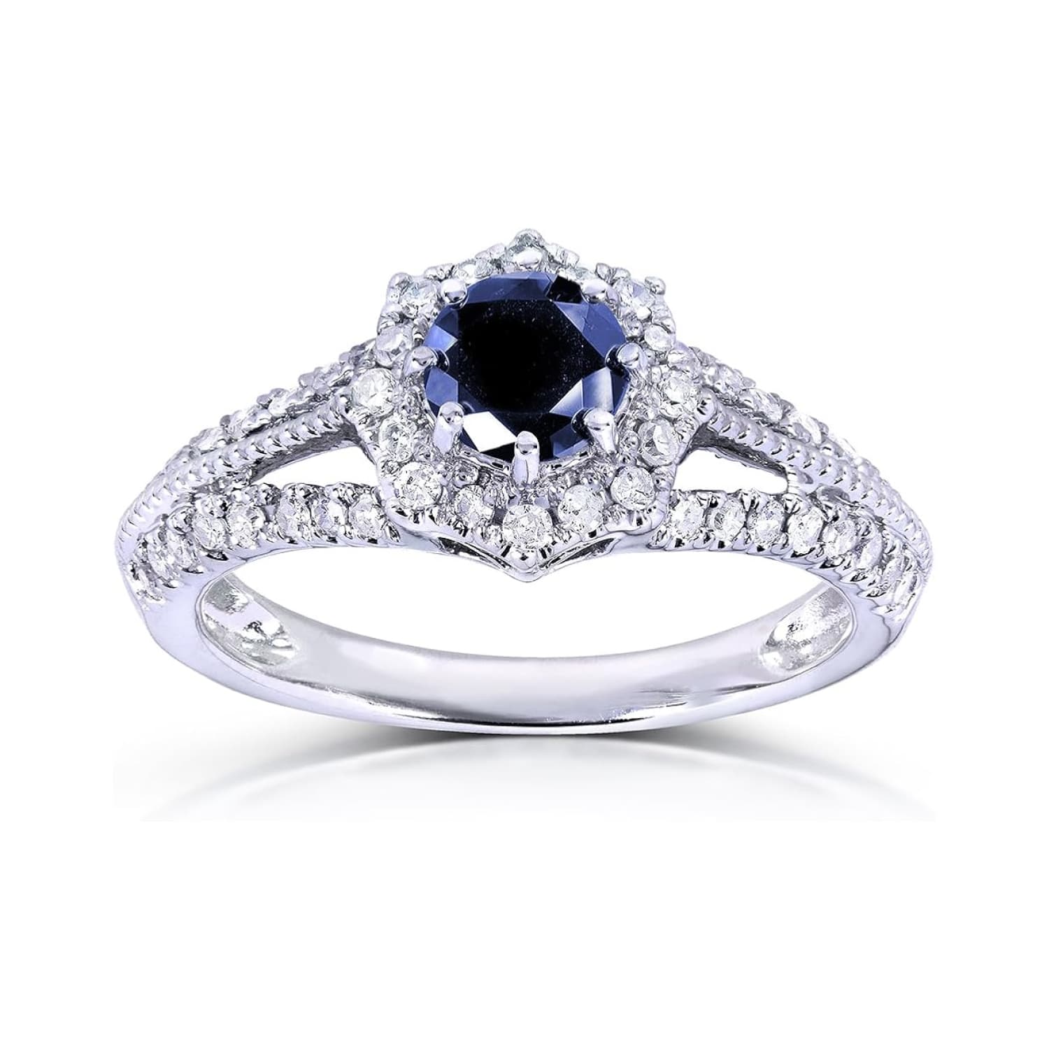 A 14K White Gold Art Deco Vintage Sapphire Rings engagement ring featuring a 0.7 Carat Round Natural Blue Sapphire center, a 0.3 CTW diamond Halo, and vintage detailing (1.0 CTW total).