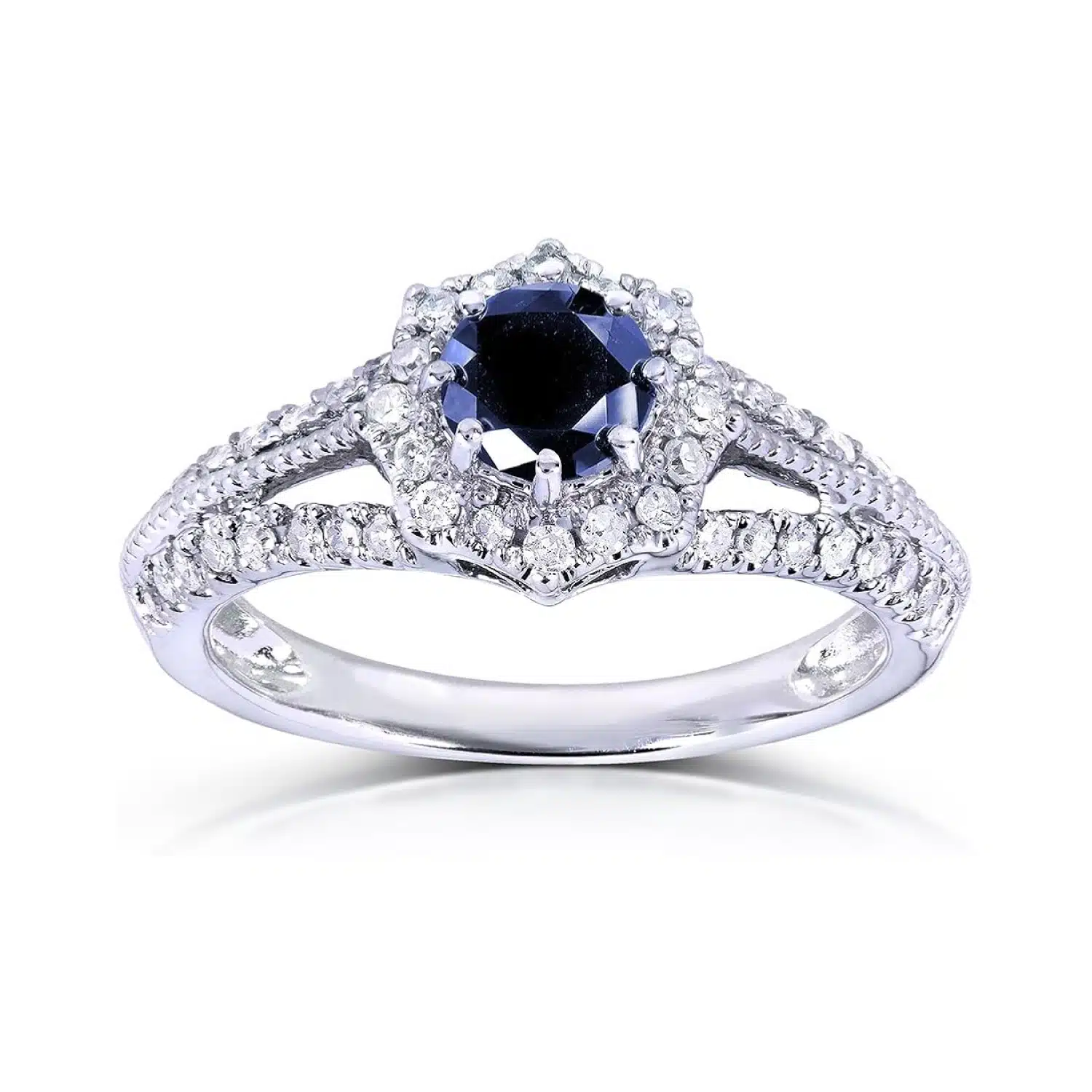 A 14K White Gold Art Deco Vintage Sapphire Rings engagement ring featuring a 0.7 Carat Round Natural Blue Sapphire center, a 0.3 CTW diamond Halo, and vintage detailing (1.0 CTW total).