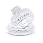 A 10K White Gold His and Hers Engagement Rings Sets featuring a Round Diamond Cluster engagement ring and coordinating matching bands, totaling 3/4 Carat Total Weight.