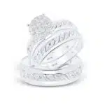 A 10K White Gold His and Hers Engagement Rings Sets featuring a Round Diamond Cluster engagement ring and coordinating matching bands, totaling 3/4 Carat Total Weight.