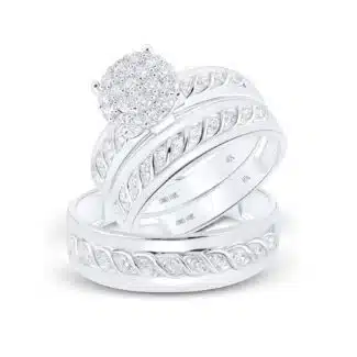 A 10K White Gold His and Hers Engagement Rings Sets featuring a Round Diamond Cluster engagement ring and coordinating matching bands, totaling 3/4 Carat Total Weight.