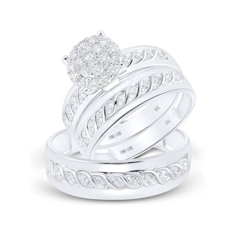 A 10K White Gold His and Hers Engagement Rings Sets featuring a Round Diamond Cluster engagement ring and coordinating matching bands, totaling 3/4 Carat Total Weight.