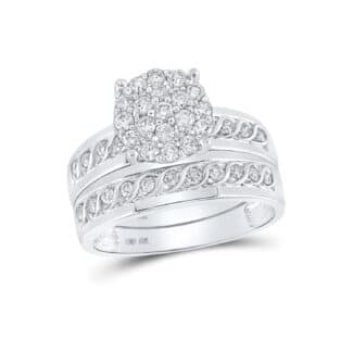A 10K White Gold His and Hers Engagement Rings Sets featuring a Round Diamond Cluster engagement ring and coordinating matching bands, totaling 3/4 Carat Total Weight.