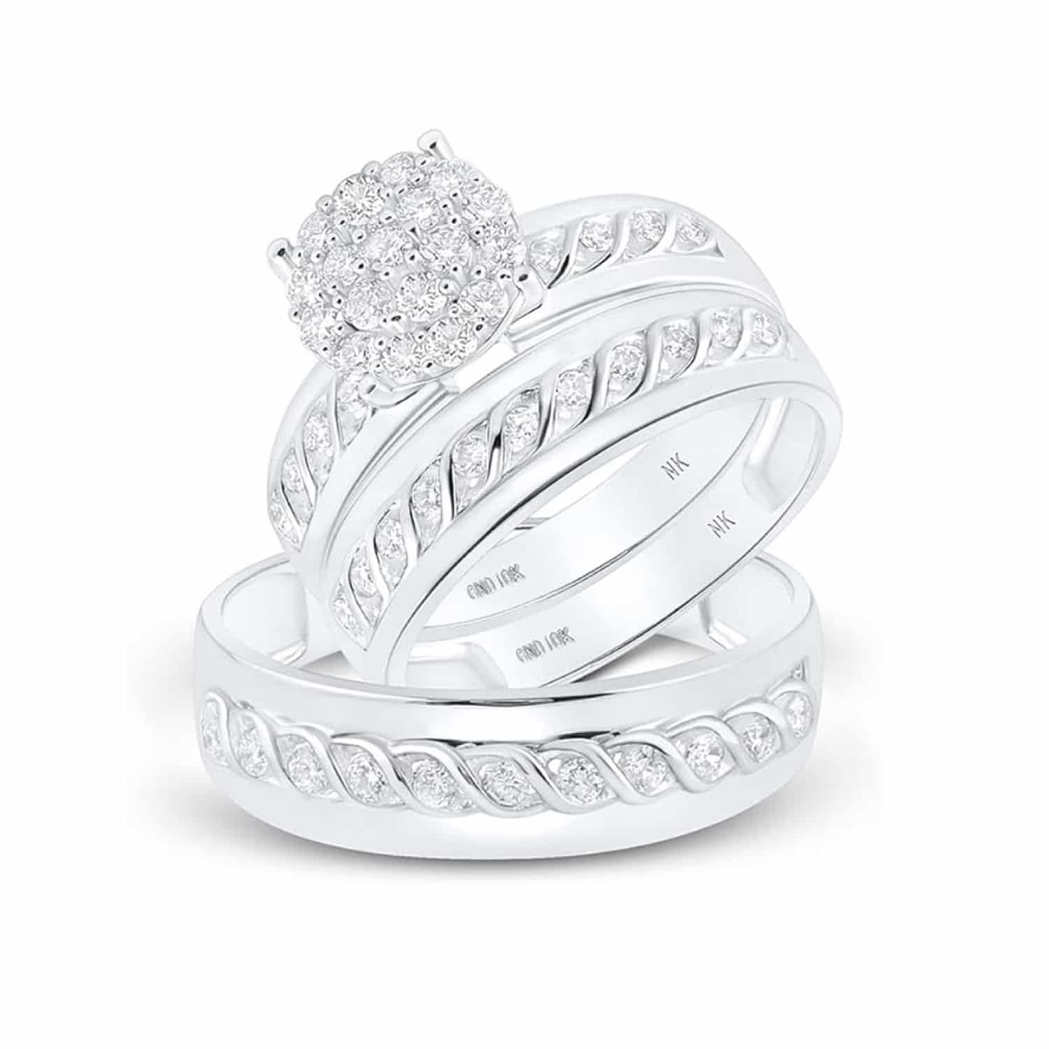 A 10K White Gold His and Hers Engagement Rings Sets featuring a Round Diamond Cluster engagement ring and coordinating matching bands, totaling 3/4 Carat Total Weight.