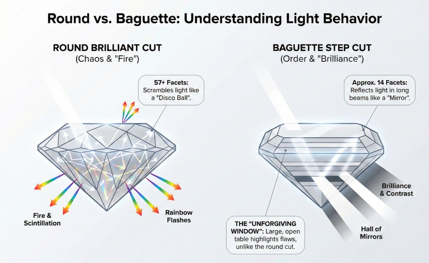 Diagram comparing Round Brilliant Cut and Baguette Step Cut diamond light behavior. The Round Cut has 57+ facets, scrambling light into "Fire" and rainbow flashes (Disco Ball effect). The Baguette Cut has 14 facets, reflecting light in long, solid beams for "Brilliance" and "Hall of Mirrors" contrast, highlighting the "Unforgiving Window" effect.