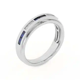 An 18K White Gold Women's Baguette Wedding Band featuring an alternating channel-set pattern of Baguette Blue Sapphires and Round Diamonds (0.06 CTW). The band tapers in width.