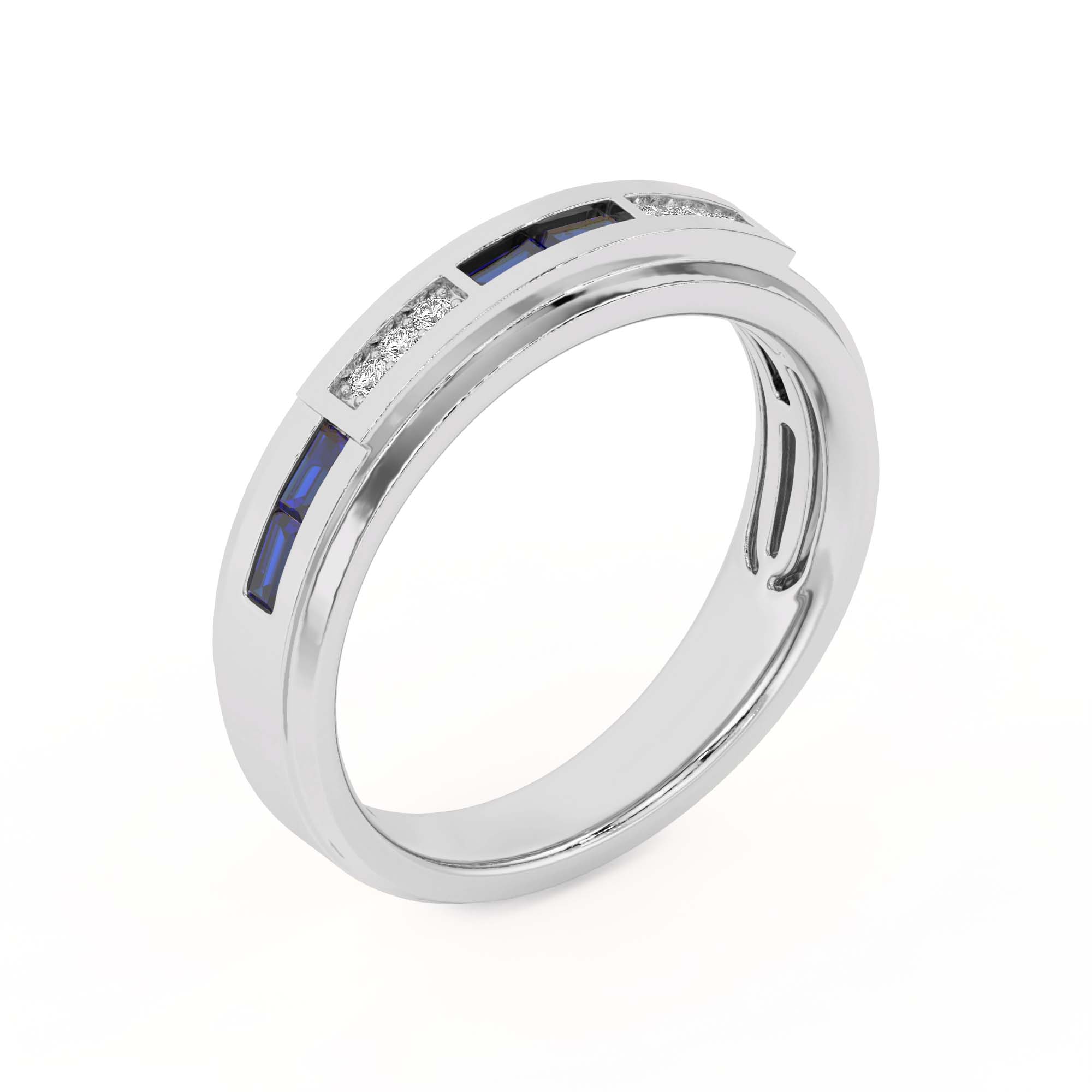 An 18K White Gold Women's Baguette Wedding Band featuring an alternating channel-set pattern of Baguette Blue Sapphires and Round Diamonds (0.06 CTW). The band tapers in width.
