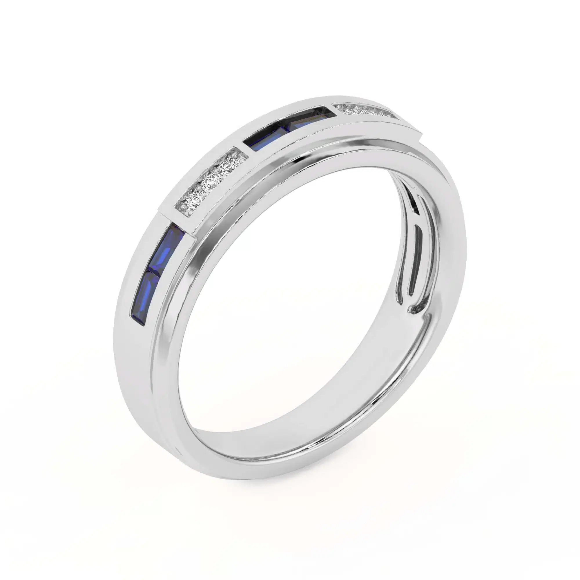 An 18K White Gold Women's Baguette Wedding Band featuring an alternating channel-set pattern of Baguette Blue Sapphires and Round Diamonds (0.06 CTW). The band tapers in width.