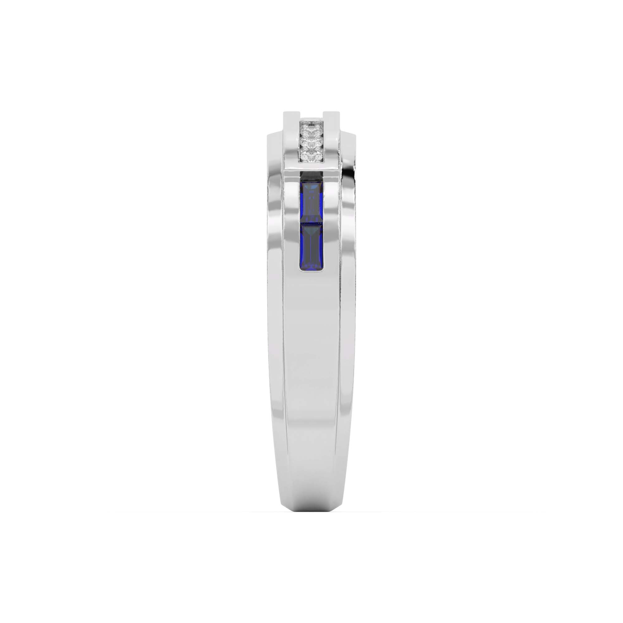 An 18K White Gold Women's Baguette Wedding Band featuring an alternating channel-set pattern of Baguette Blue Sapphires and Round Diamonds (0.06 CTW). The band tapers in width.