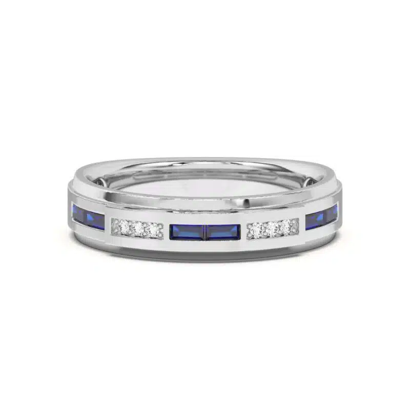 An 18K White Gold Women's Baguette Wedding Band featuring an alternating channel-set pattern of Baguette Blue Sapphires and Round Diamonds (0.06 CTW). The band tapers in width.