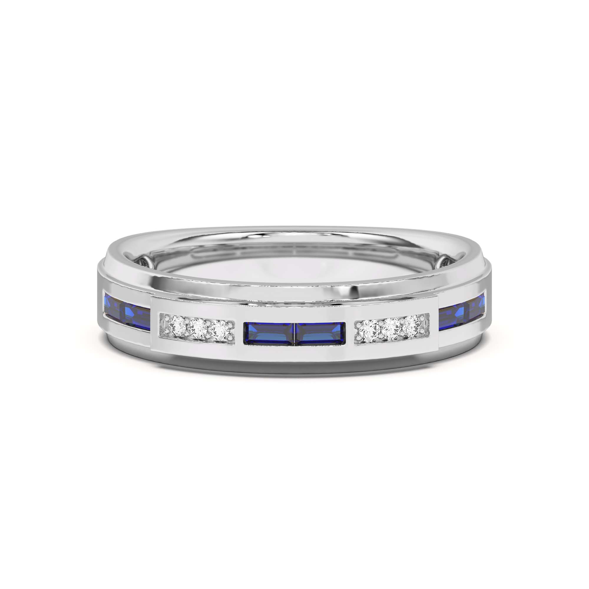 An 18K White Gold Women's Baguette Wedding Band featuring an alternating channel-set pattern of Baguette Blue Sapphires and Round Diamonds (0.06 CTW). The band tapers in width.