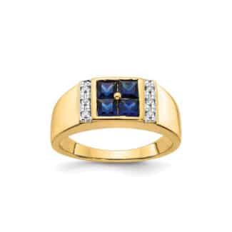 A 14K Yellow Gold Mens Diamond and Sapphire Wedding Ring (Size 10, 5.83 grams) featuring four Square Lab Created Blue Sapphires (0.3 CT) and six Round Lab Grown Diamonds (0.05 CTW, G-H-I/SI1/SI2) set in prongs.