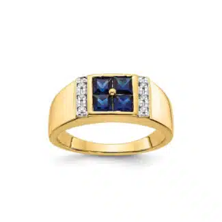 A 14K Yellow Gold Mens Diamond and Sapphire Wedding Ring (Size 10, 5.83 grams) featuring four Square Lab Created Blue Sapphires (0.3 CT) and six Round Lab Grown Diamonds (0.05 CTW, G-H-I/SI1/SI2) set in prongs.