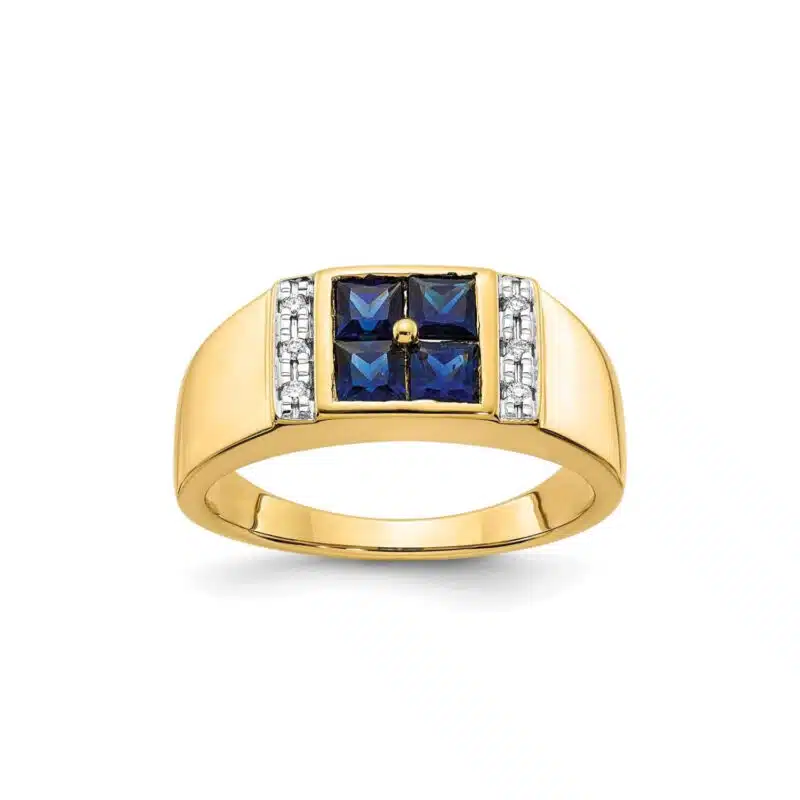 A 14K Yellow Gold Mens Diamond and Sapphire Wedding Ring (Size 10, 5.83 grams) featuring four Square Lab Created Blue Sapphires (0.3 CT) and six Round Lab Grown Diamonds (0.05 CTW, G-H-I/SI1/SI2) set in prongs.