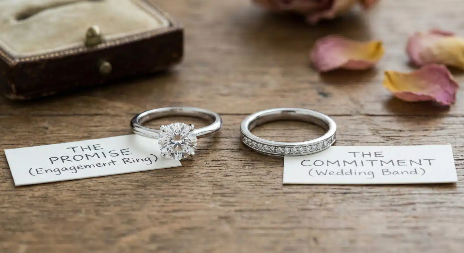 A couple's hands displaying rings, used to illustrate the visual and traditional difference between an engagement ring (centerpiece) and a wedding band (simple or stacked band).