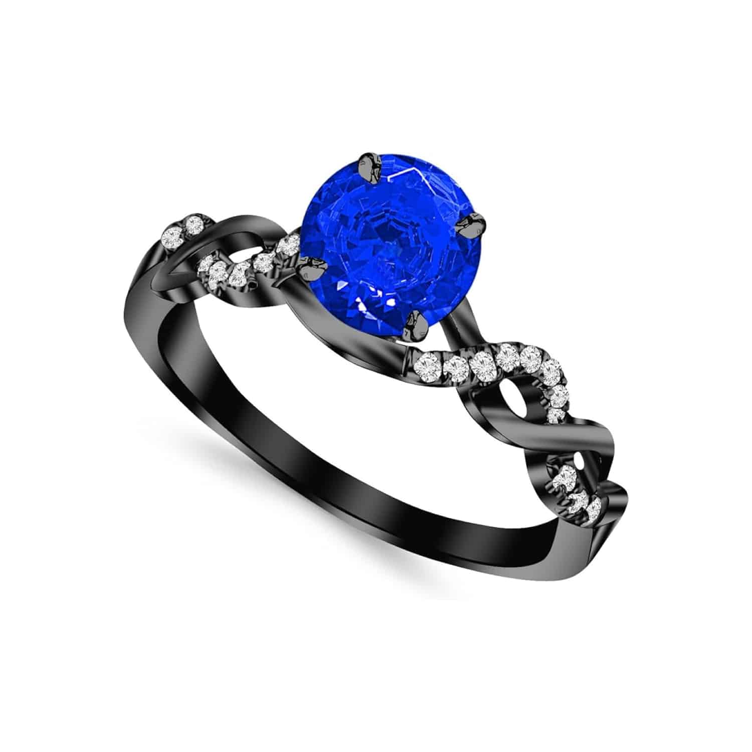 A 14K Black Gold and Sapphire Ring featuring a 1 Carat Round Natural Blue Sapphire center stone and a Twisting Infinity Split Shank set with 1.13 Carats Total Diamond Weight.