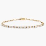 14K yellow gold emerald cut lab grown diamond tennis bracelets under $3000 featuring 2 CTW bezel-set diamonds and a paperclip chain.