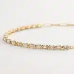 14K yellow gold emerald cut lab grown diamond tennis bracelets under $3000 featuring 2 CTW bezel-set diamonds and a paperclip chain.