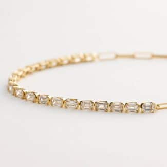 14K yellow gold emerald cut lab grown diamond tennis bracelets under $3000 featuring 2 CTW bezel-set diamonds and a paperclip chain.