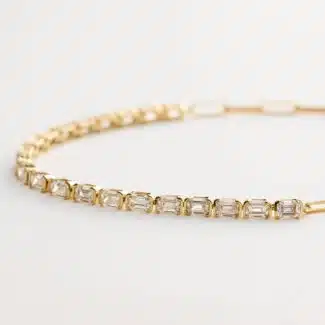 14K yellow gold emerald cut lab grown diamond tennis bracelets under $3000 featuring 2 CTW bezel-set diamonds and a paperclip chain.