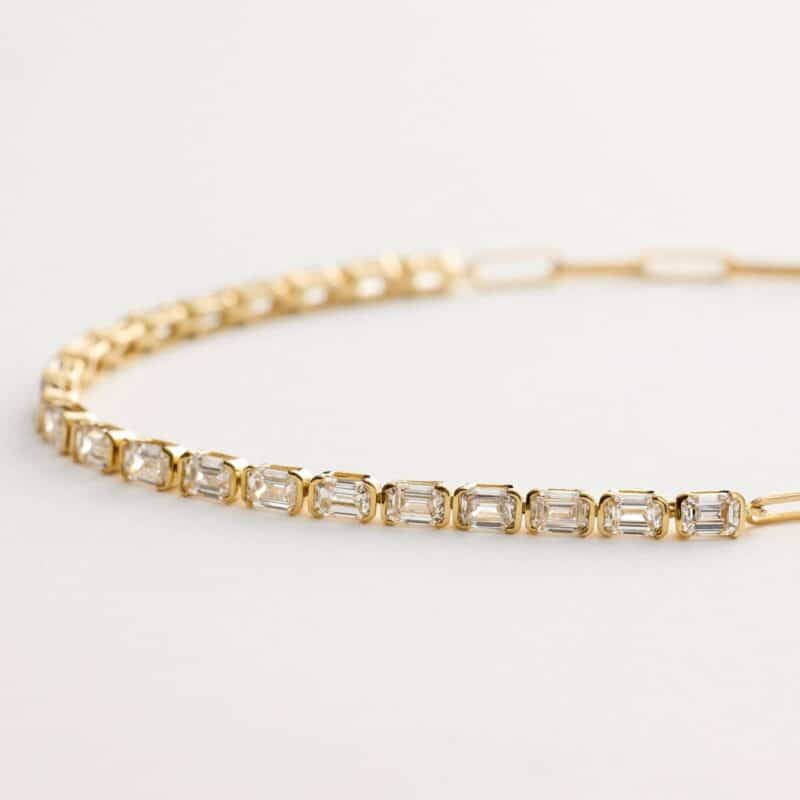 14K yellow gold emerald cut lab grown diamond tennis bracelets under $3000 featuring 2 CTW bezel-set diamonds and a paperclip chain.