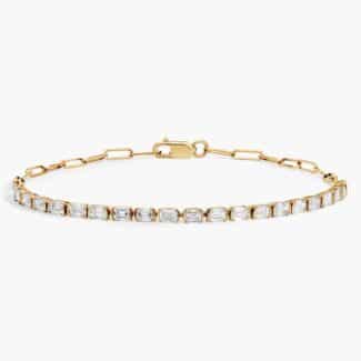 14K yellow gold emerald cut lab grown diamond tennis bracelets under $3000 featuring 2 CTW bezel-set diamonds and a paperclip chain.