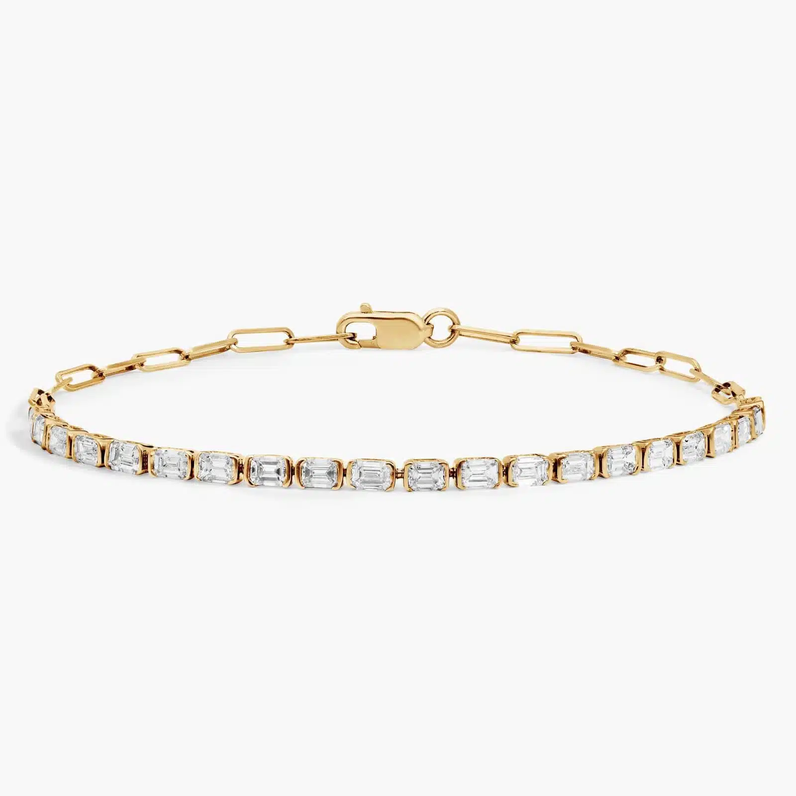 14K yellow gold emerald cut lab grown diamond tennis bracelets under $3000 featuring 2 CTW bezel-set diamonds and a paperclip chain.