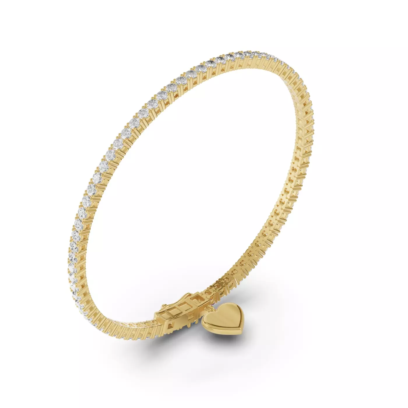 14K yellow gold lab grown diamond tennis bracelets under $3000 featuring a pavé heart charm and a ruby, emerald, and sapphire set clasp.