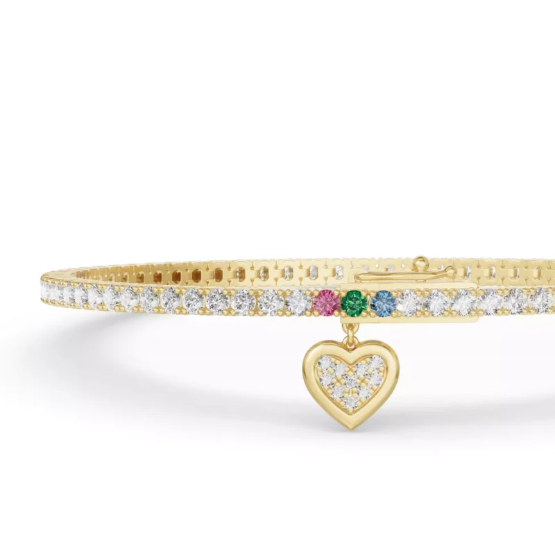 14K yellow gold lab grown diamond tennis bracelets under $3000 featuring a pavé heart charm and a ruby, emerald, and sapphire set clasp.