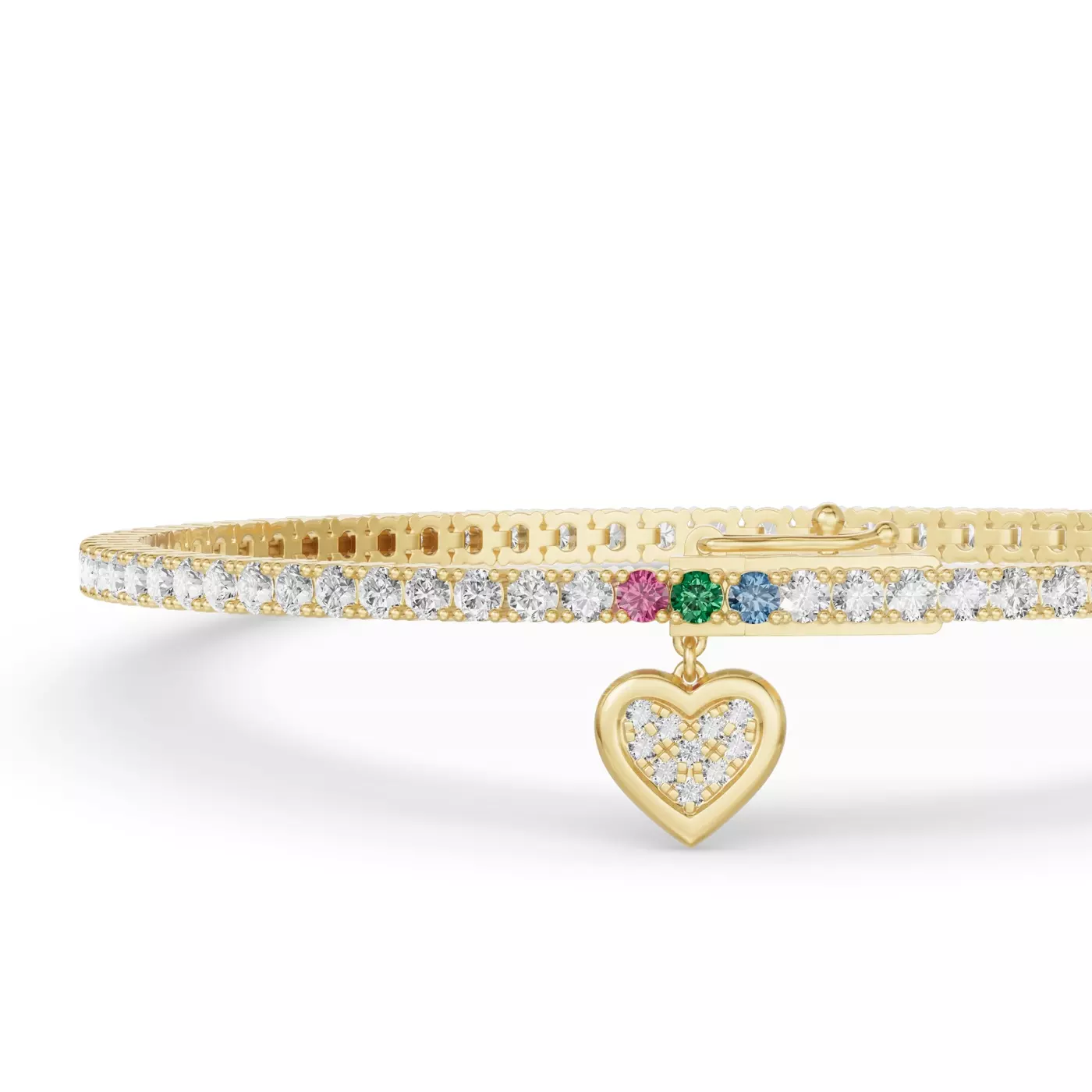 14K yellow gold lab grown diamond tennis bracelets under $3000 featuring a pavé heart charm and a ruby, emerald, and sapphire set clasp.