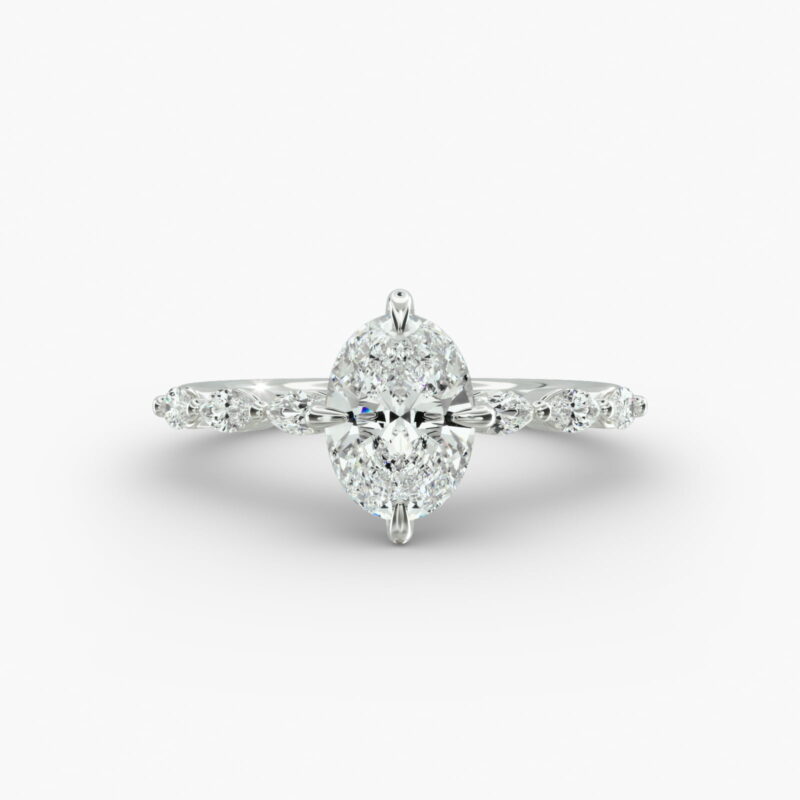 14K white gold marquise sidestone engagement rings under $2,500 featuring a 1 carat oval lab grown diamond and 0.30 CTW marquise accents.