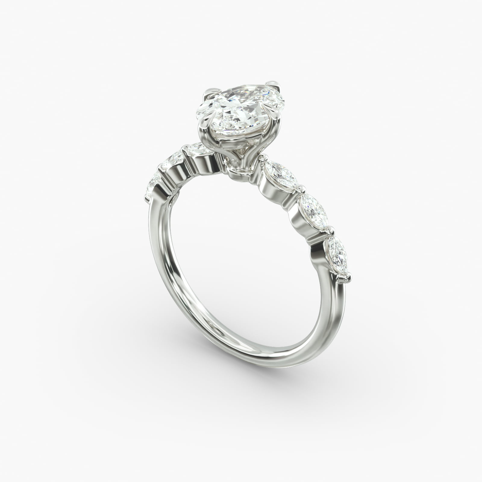 14K white gold marquise sidestone engagement rings under $2,500 featuring a 1 carat oval lab grown diamond and 0.30 CTW marquise accents.