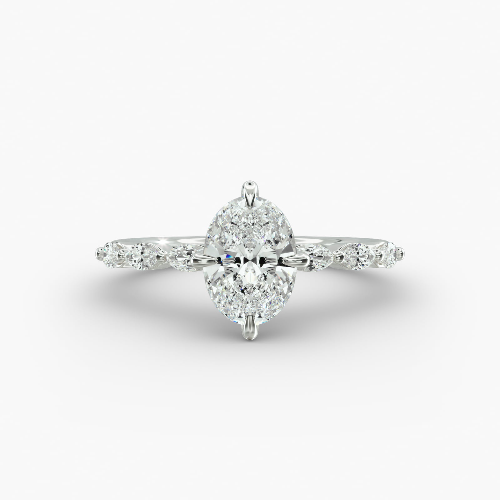 14K white gold marquise sidestone engagement rings under $2,500 featuring a 1 carat oval lab grown diamond and 0.30 CTW marquise accents.
