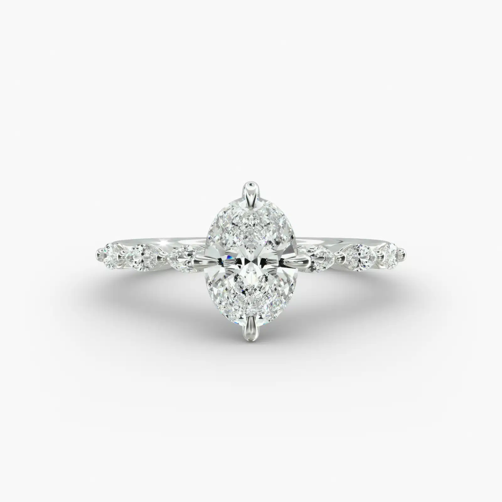 14K white gold marquise sidestone engagement rings under $2,500 featuring a 1 carat oval lab grown diamond and 0.30 CTW marquise accents.