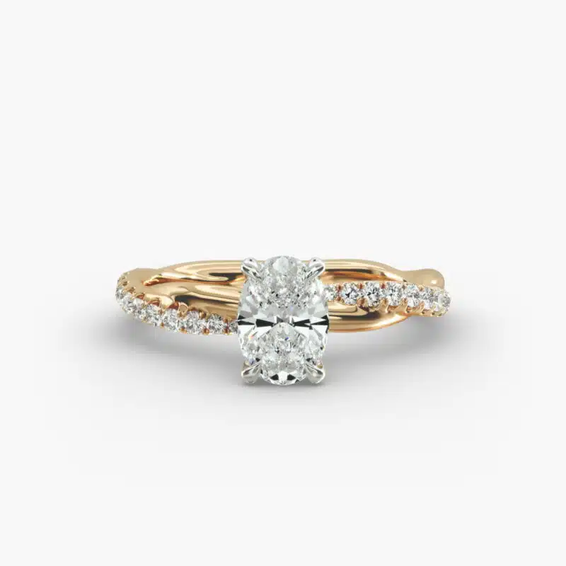 14K yellow gold pavé rope engagement rings under $2,500 featuring a 1 carat oval lab grown diamond and 24 interwoven natural diamonds.