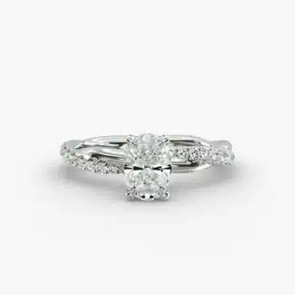 14K white gold pavé rope engagement rings under $2,500 featuring a 1.5 carat oval lab grown diamond and 0.18 CTW natural diamond accents.