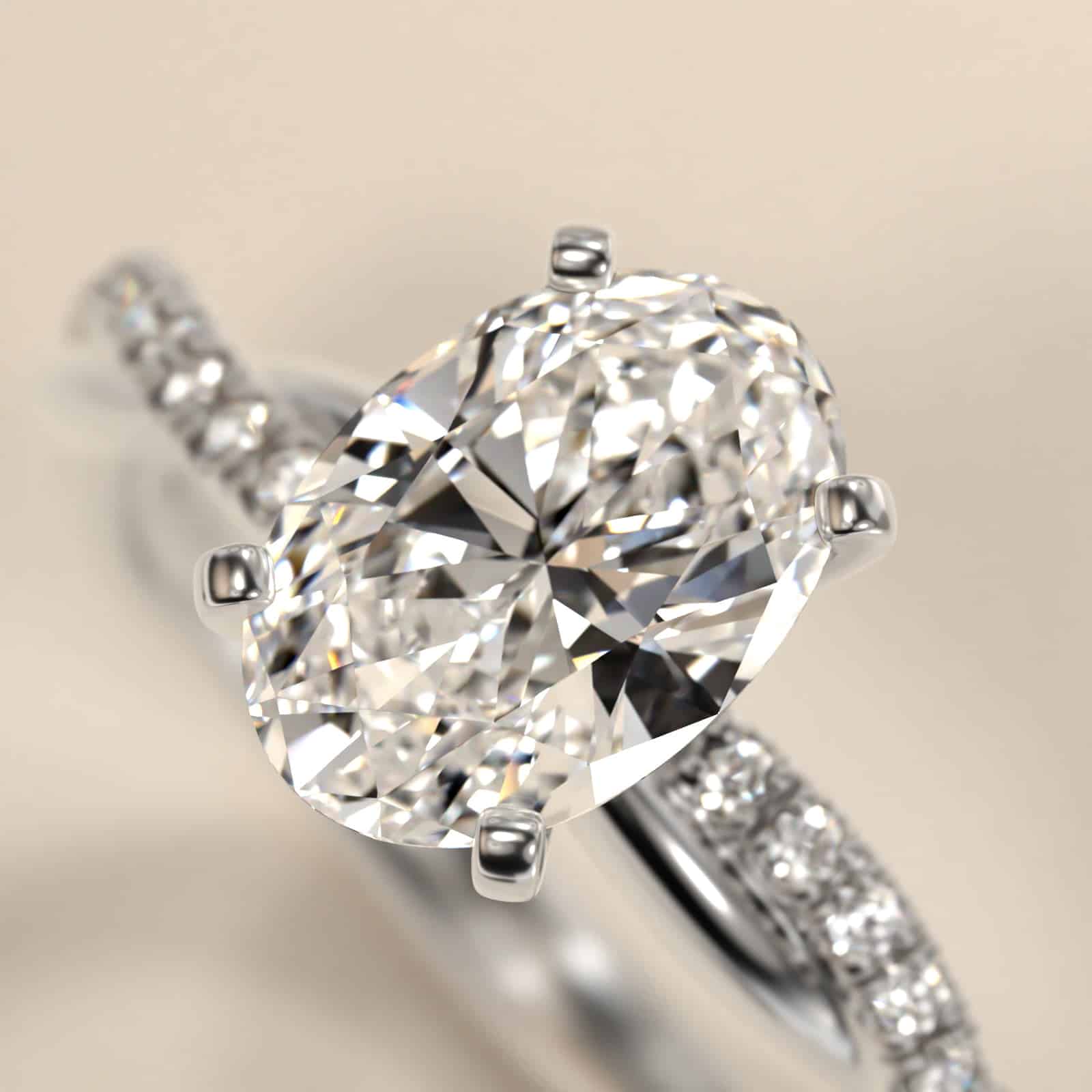 Platinum oval twist engagement rings under $2,500 featuring a 1 carat oval lab grown diamond and 20 natural diamond accents on a 2.80mm shank.