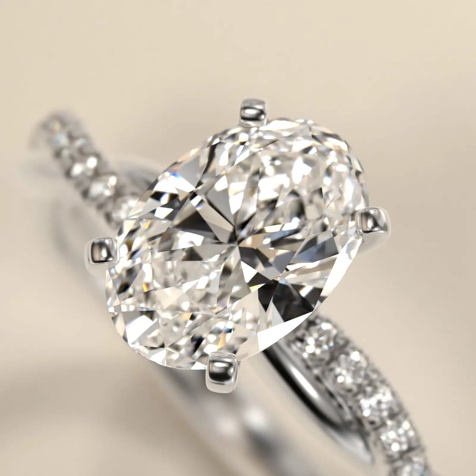 Platinum oval twist engagement rings under $2,500 featuring a 1 carat oval lab grown diamond and 20 natural diamond accents on a 2.80mm shank.