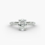 Platinum oval petite pavé engagement rings under $2,500 featuring a 1.5 carat oval lab-grown diamond and 20 French cut natural diamonds.