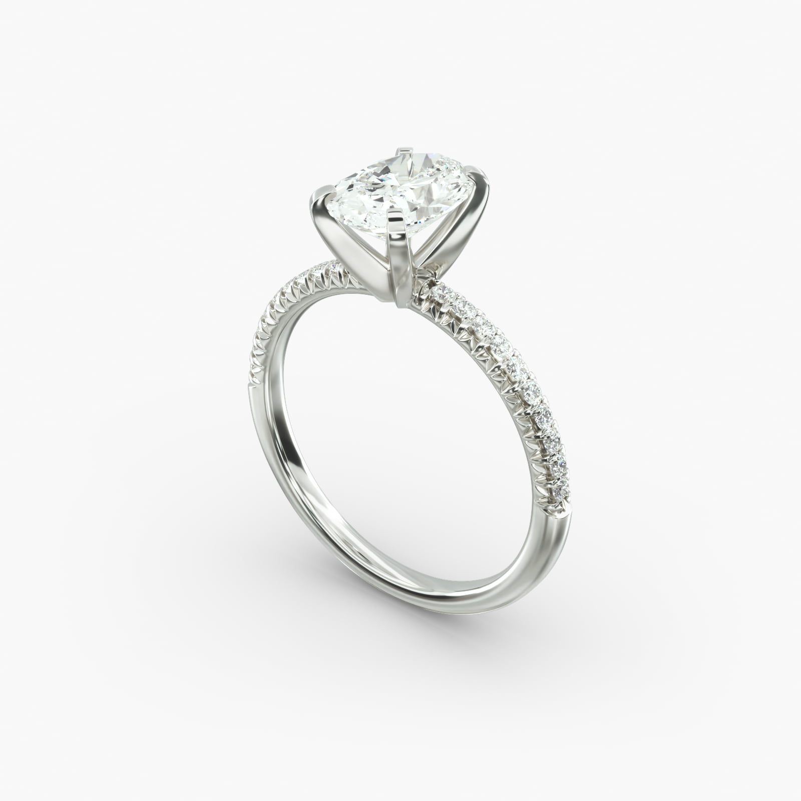 Platinum oval petite pavé engagement rings under $2,500 featuring a 1.5 carat oval lab-grown diamond and 20 French cut natural diamonds.