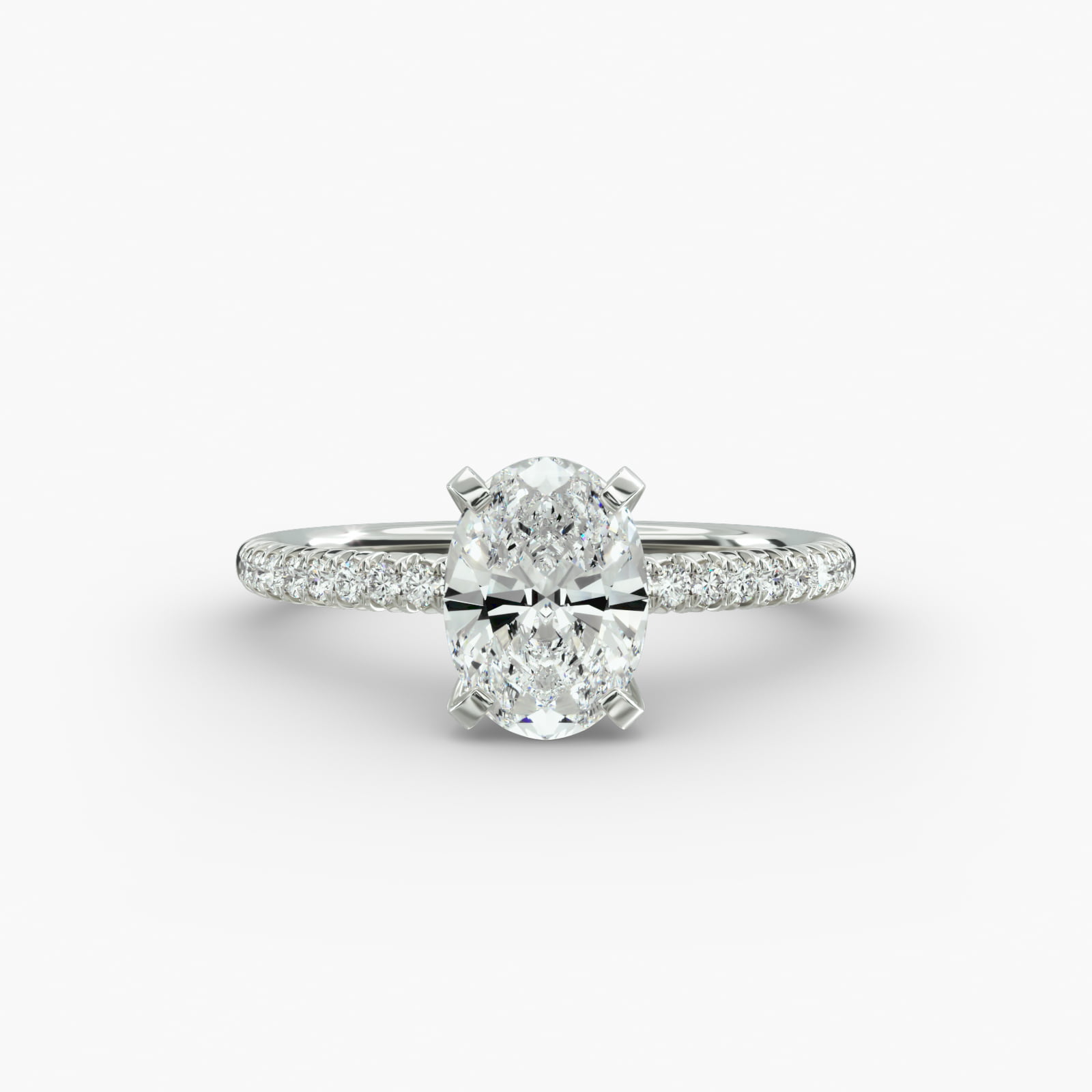 Platinum oval petite pavé engagement rings under $2,500 featuring a 1.5 carat oval lab-grown diamond and 20 French cut natural diamonds.