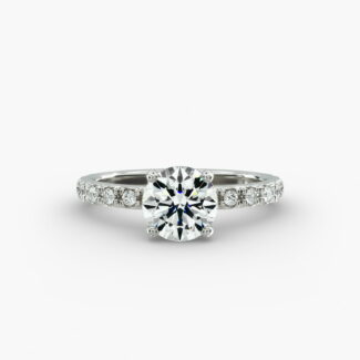 Platinum French cut pavé engagement rings under $2,500 featuring a 1 carat round lab grown diamond and 16 pavé side stones on a 1.60mm wire shank.