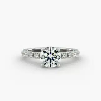 Platinum French cut pavé engagement rings under $2,500 featuring a 1 carat round lab grown diamond and 16 pavé side stones on a 1.60mm wire shank.